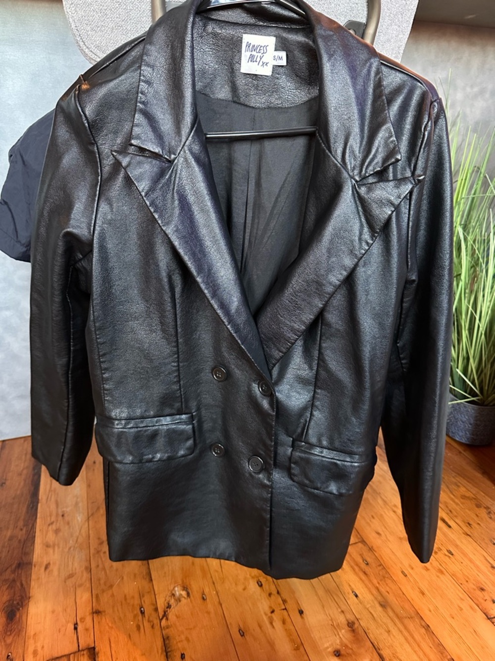 Princess Polly Black Faux Leather Double-Breasted Blazer Jacket